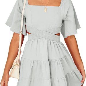 Gray Dress Square Neck Short Sleeves Crossover Waist Cut Outs